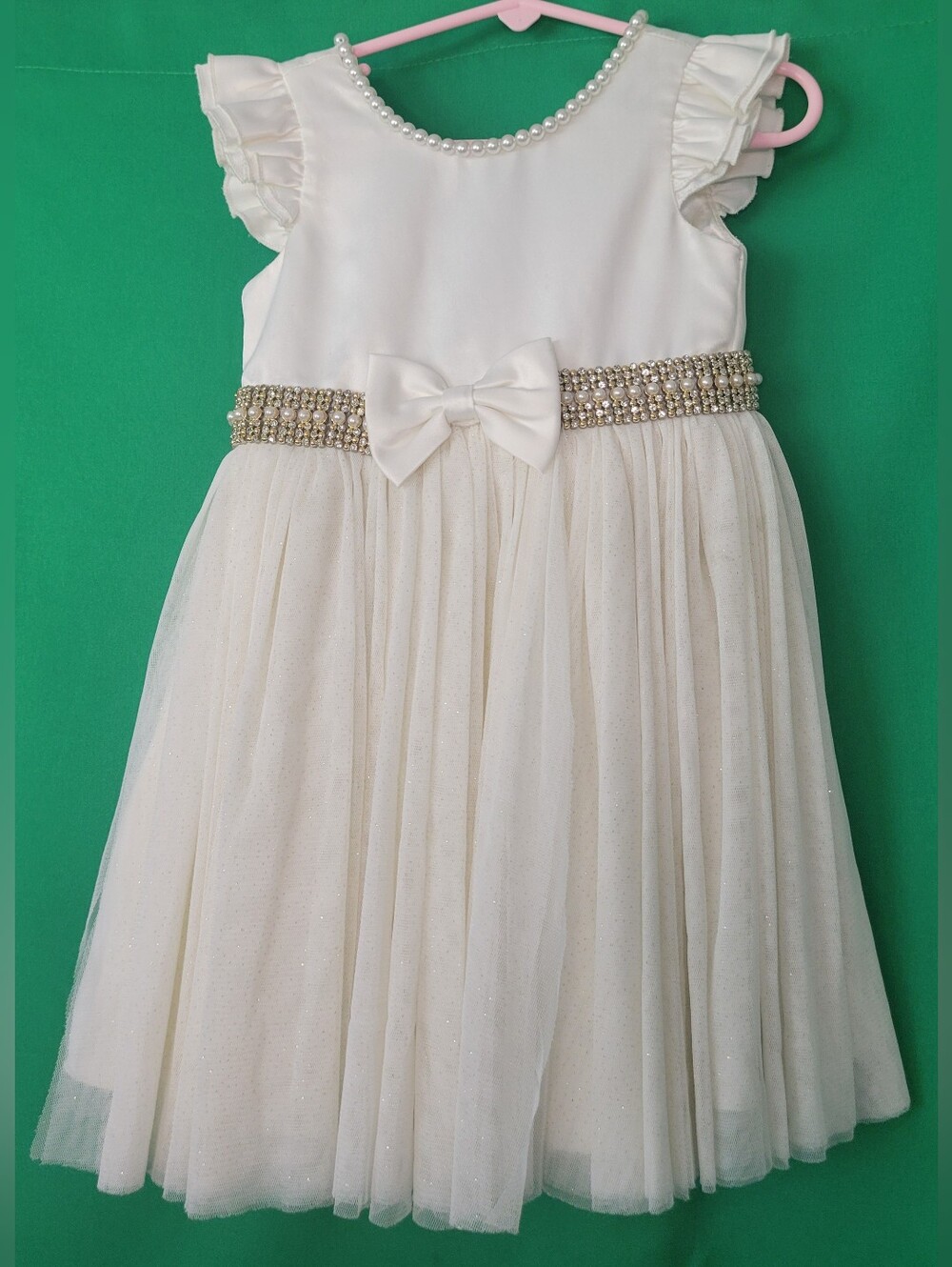 American Princess Ivory Pearls Tulle Party Dress Flower Girl Baptism Wedding 2t